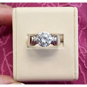 925 Sterling Silver Engagement Ring Size 8 Brilliant Round Stone Baguettes 6.5gr
